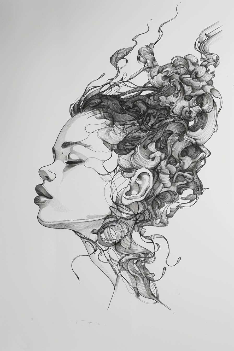 In style of James Jean, character, ink art, side view