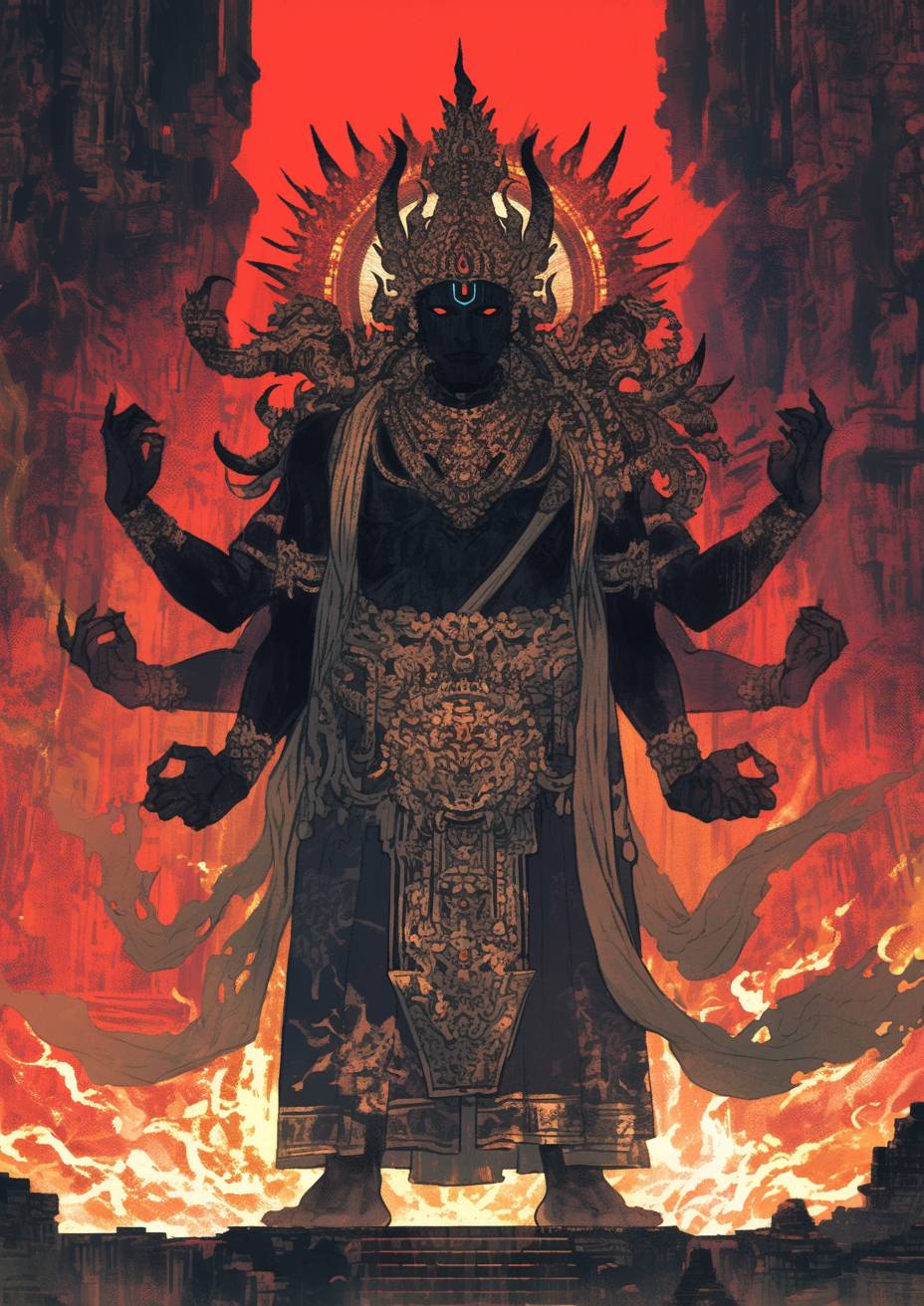 A book cover illustration in folk horror style, with bold lines and flat colors, a Hindu demon in dark silhouette, Prambanan Temple in Yogyakarta, crimson red, obsidian black, silver white