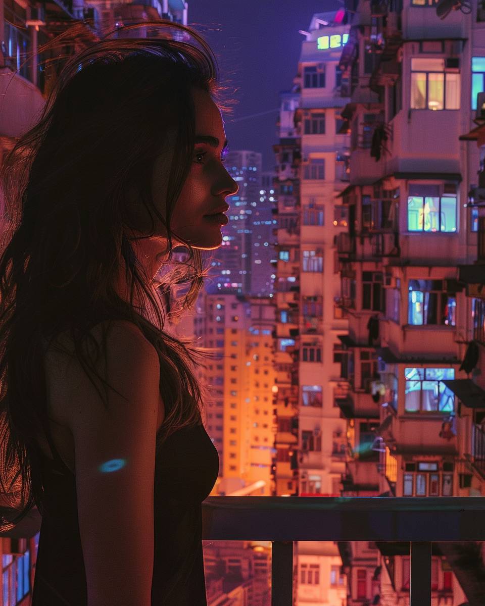 Dystopian atmosphere photo of a woman standing on a balcony on the top floor in Hong Kong, possessed gaze, vibrant bright spots in buildings
