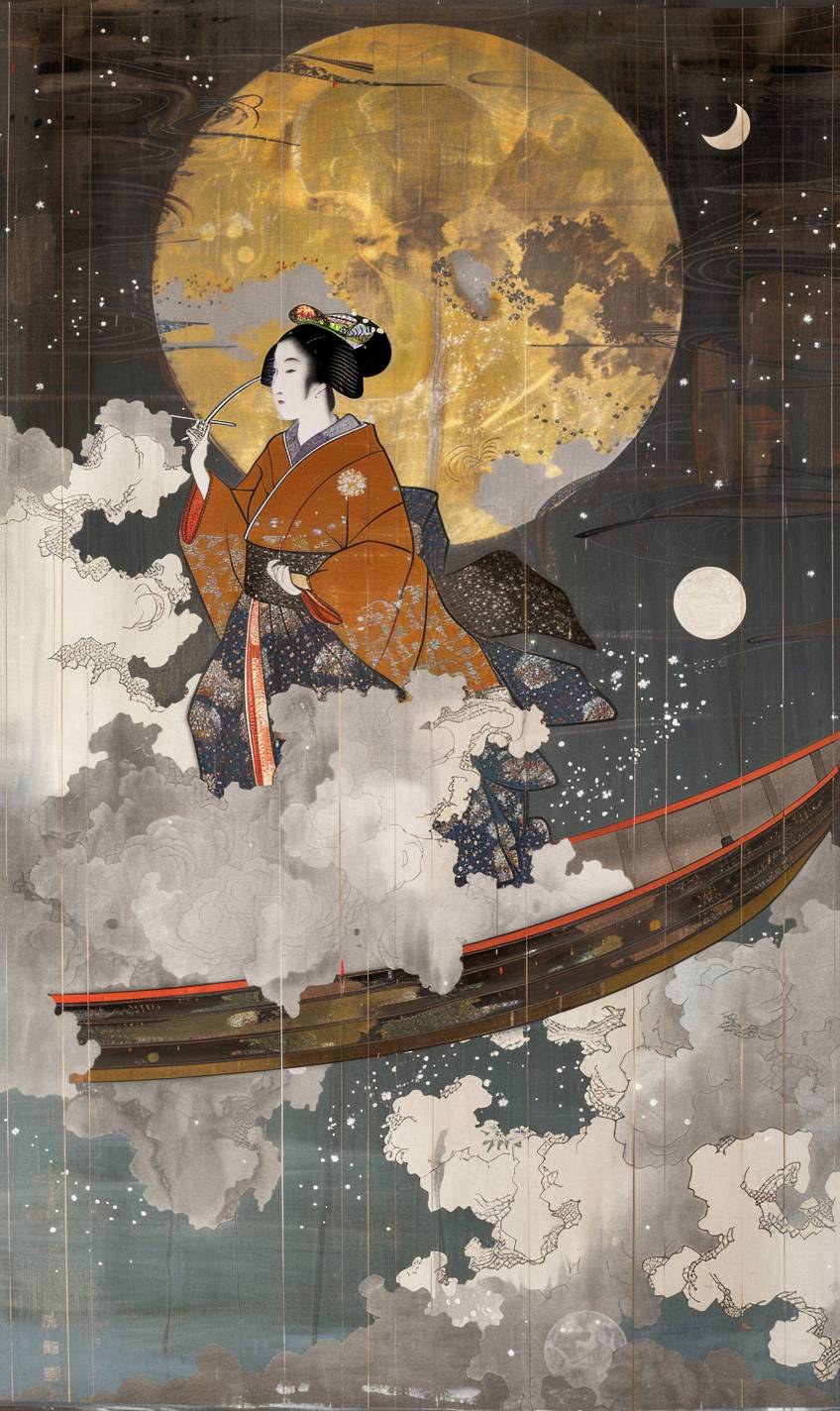 In the style of Kitagawa Utamaro, a spacefarer embarking on voyages to uncharted realms --ar 3:5 --v 6.0