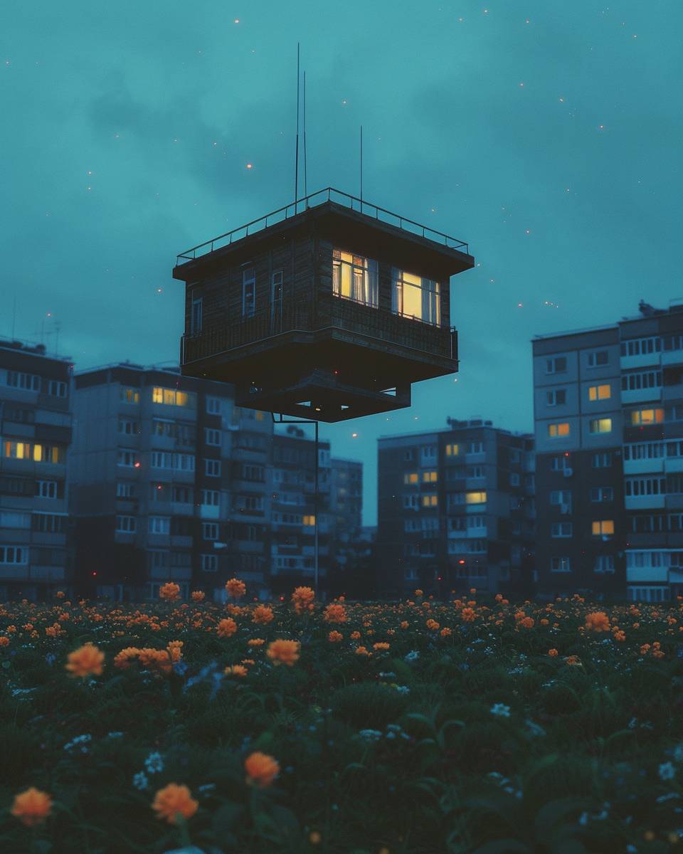 A flying house with glowing windows at dusk, floating above a field with glowing flowers, in front of apartment buildings. The image has a grainy, lo-fi aesthetic, reminiscent of an analog photograph. The sky is a deep blue, and the scene has a slightly surreal, dreamy quality.