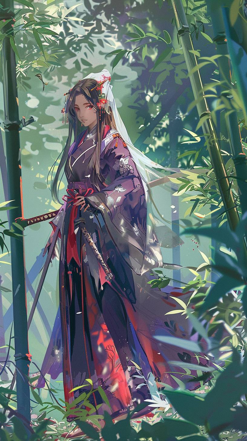 A young woman in Hanfu, wearing purple and red long sleeves, and carrying an ancient Chinese sword on her back, stands under a bamboo forest. She is dressed in a white veil and black shoes, with a smiling expression. This is a character illustration of Genshin Impact in the style of an anime fantasy illustration. The background is a green color scheme of a bamboo forest. The character design features bright colors in a fantasy style anime. It appears to be a studio light, full-length portrait animated illustration. --ar 9:16  --v 6.0