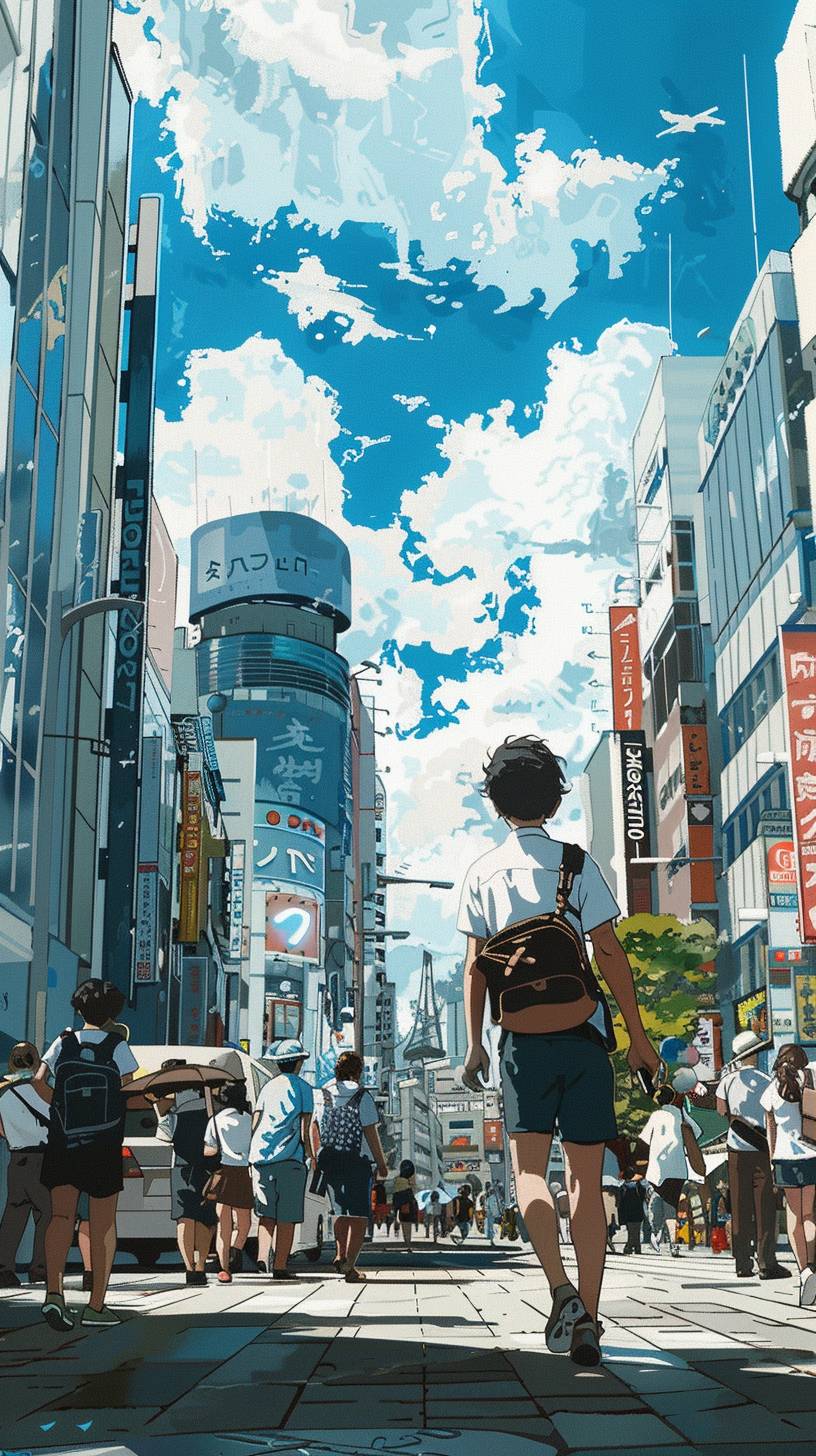 渋谷の街で男の子が泣いている。アニメのような人々が横切って歩いているが、男の子だけが私の方を向いている。彼女の髪は短くて黒く、今流行のミニスカートを着用している。宮崎駿風の絵で描かれている。空は青空--s 400 --ar 9:16  --v 6.0