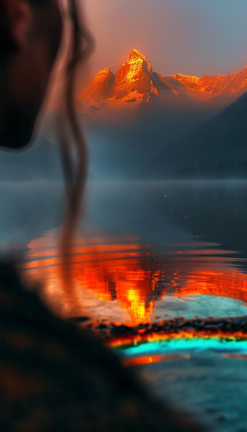 Close-up of a lady reflecting over a mountain lake, reflected rainbow, cinematic, serene landscape, sunrise