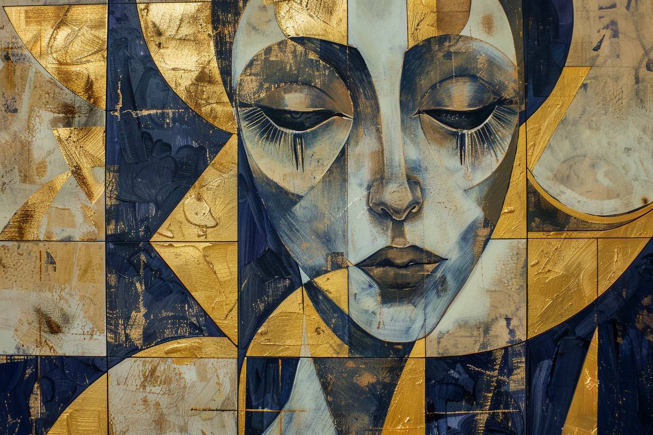 Gothic girl in Constructivist style, with gold and indigo geometric forms