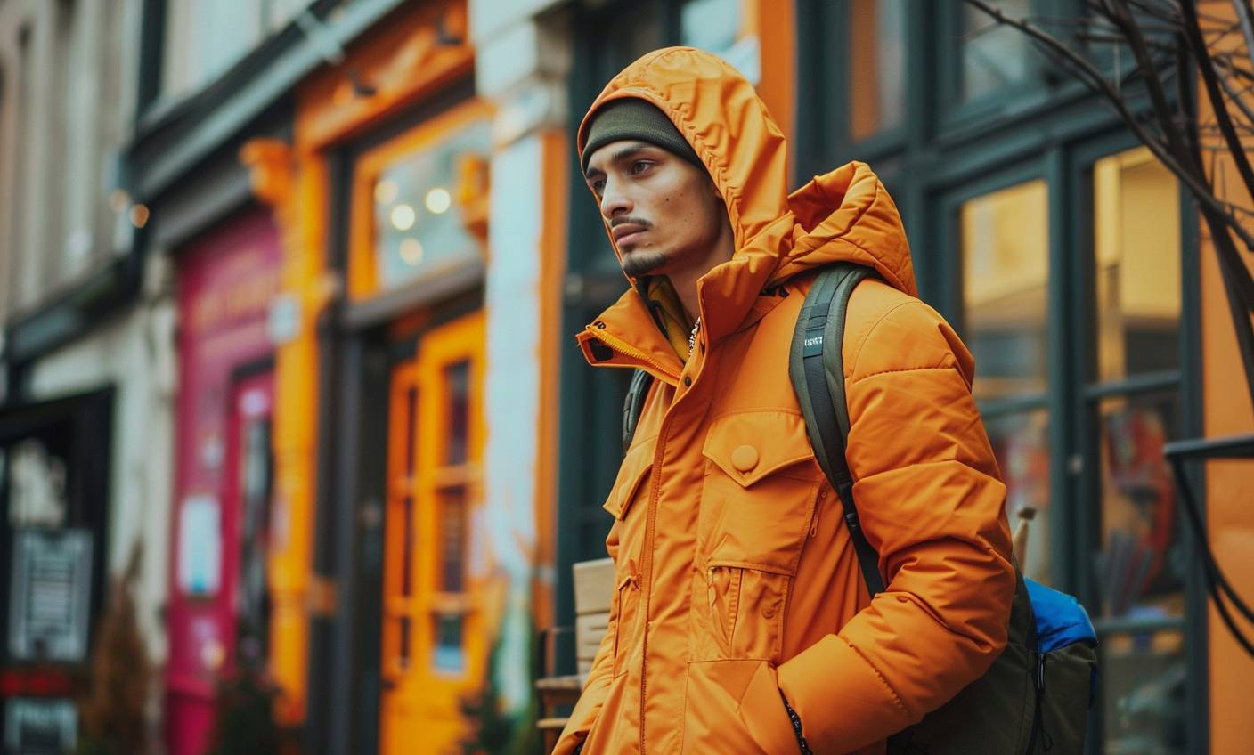 Fashion photo of a man in streetwear, complementary colors --AR 88:53 --style raw --version 6.0