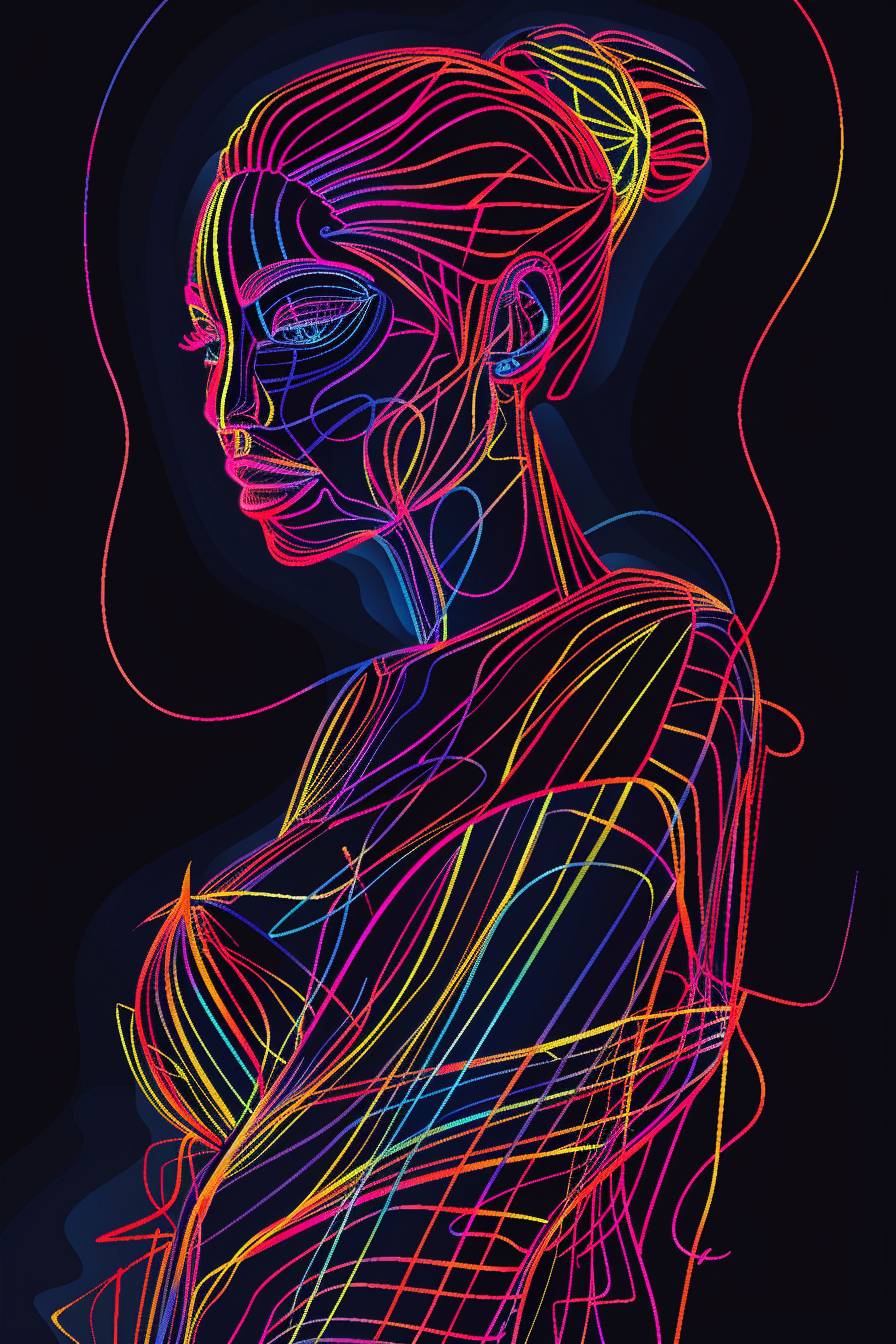 A full body portrait of an attractive woman is made with neon lines and vibrant colors, showcasing her face and body. The lighting is soft against a dark background. This vector illustration is intricate, highlighting the contours of her skin and hair.