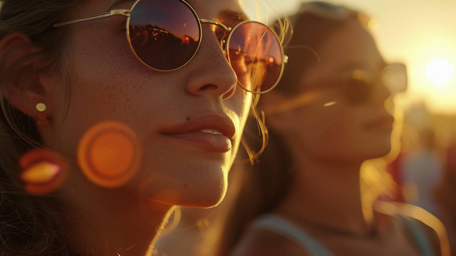 Cinematic, documentary photography, girls at a festival, close up shot, high camera angle, golden hour lighting, shot with Canon EOS C300 Mark III, clean composition