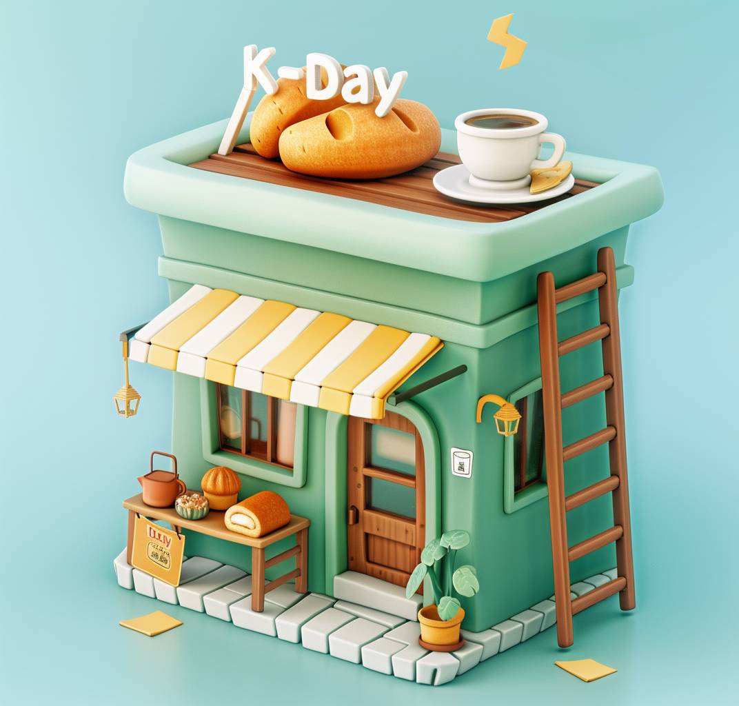 3D model of a cute coffee shop building made from green wood, with bread and a cup of coffee on the roof, a wooden ladder leaning against the side wall to reach the second floor, a sign saying 'K-Day' on the top left corner, cartoon style, isometric view, paper cut craft, paper texture, simple background, studio light, Octane render