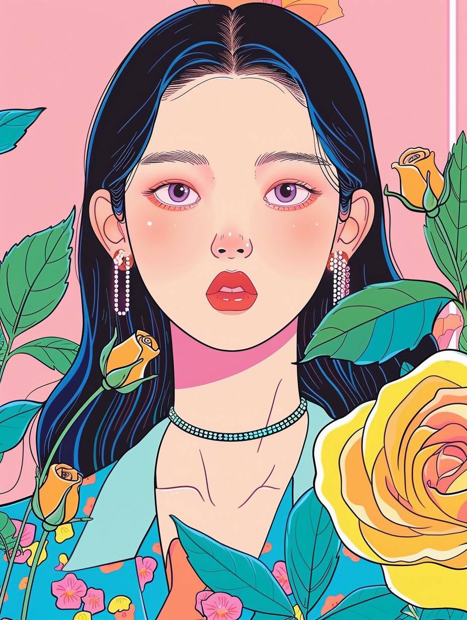 Front view, a pretty Chinese girl and a huge yellow rose flower, delicate makeup, solid background, two-dimensional cartoon Korean idol, Korean comic, half body, high detail, hyper quality, ultra HD picture quality, masterpiece