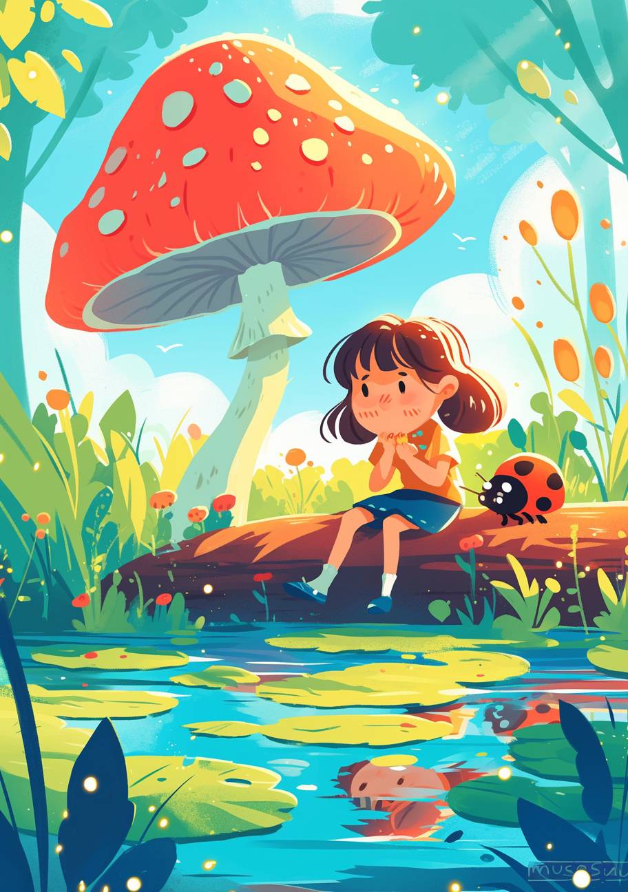 A cute little girl is sitting on the log by the river, playing with her ladybug friend in front of an oversized mushroom. Vibrant colors and a simple flat illustration style are used in the style of Chinese new year poster for the children's book cover design titled 'museseai'.