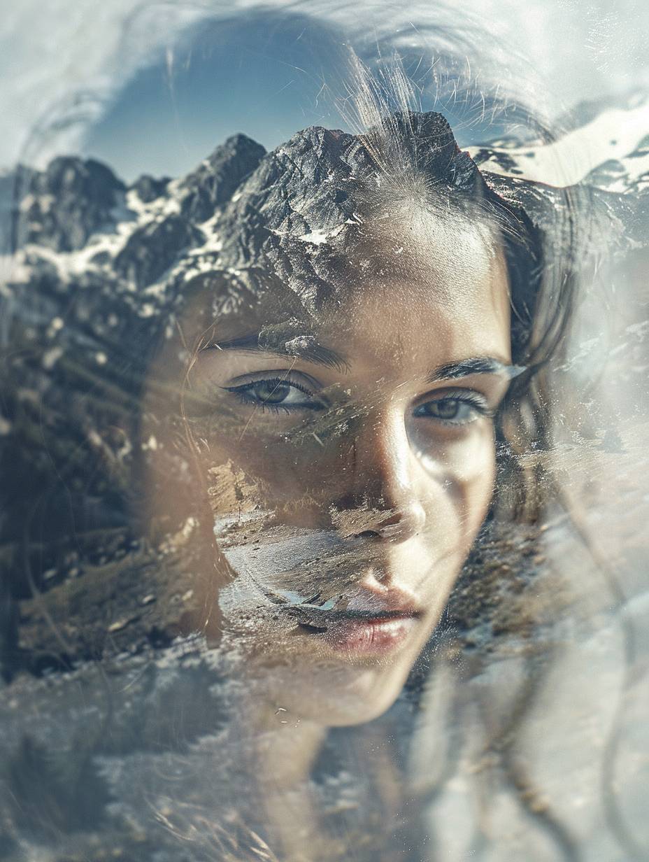 Headshot of a woman looking directly at the camera and double exposure of a panoramic scene of majestic mountains, detailed and textured.