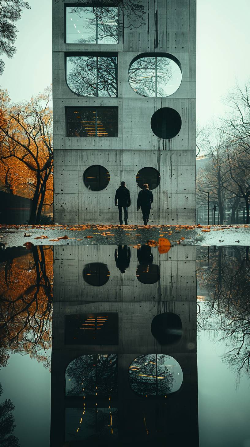 Minimalist architecture made of concrete, with holes as windows, people walking on the street reflecting in a wet road, rain, office building, raw style