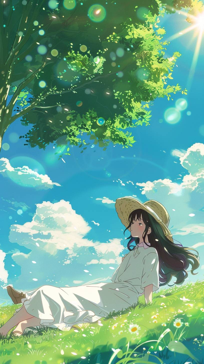 The bright sun and light in the sky. The light is shining all over, reflecting and sparkling. In the center is a girl wearing a white dress, straw hat, and dark long hair, lying under a tree in a bright green meadow. Ghibli-like illustrations. It's summer, the weather is sunny, and the river water is light blue reflecting the sky with clouds in the blue sky.