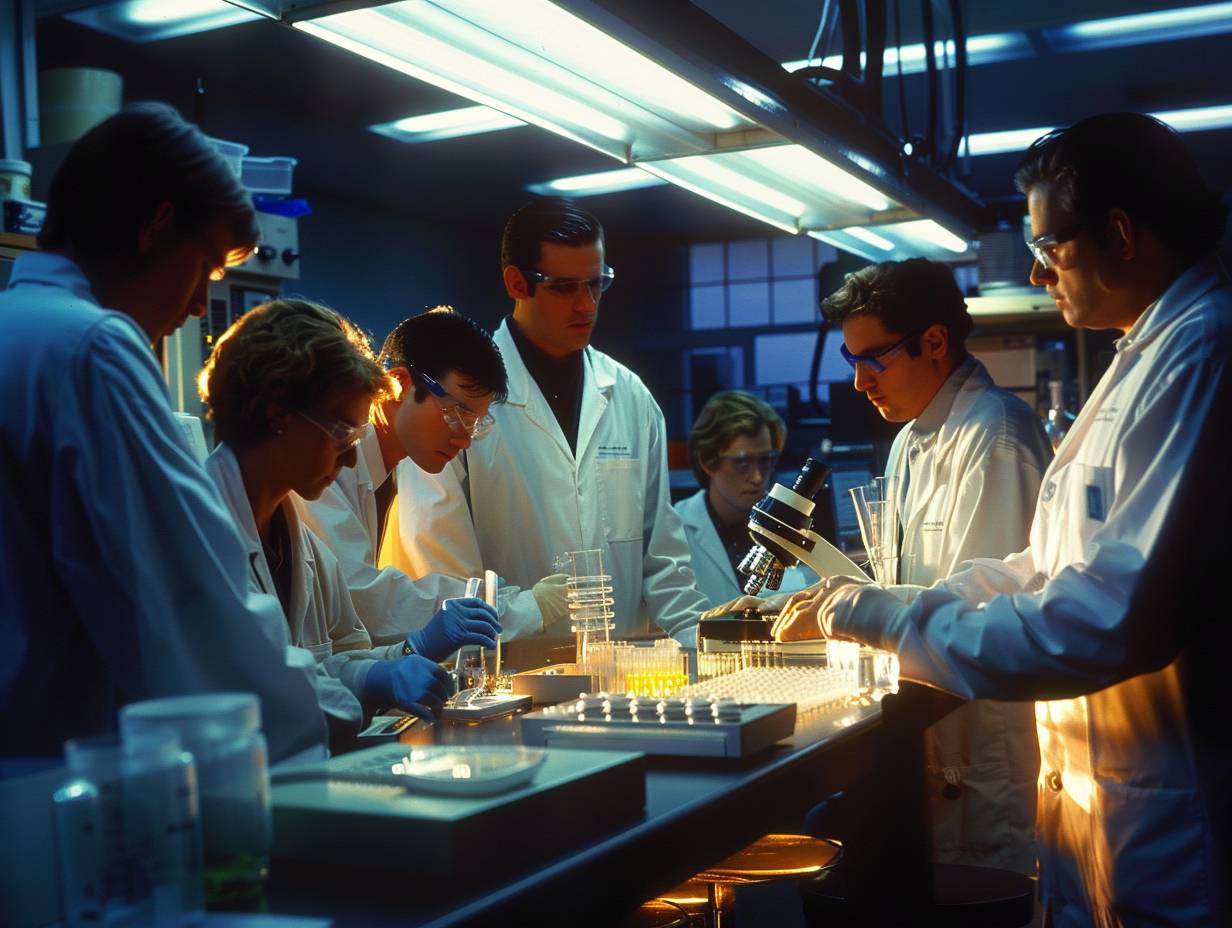 研究室には科学者が6人います。焦点と協力。顕微鏡のスライド。現代的な研究施設。1998年の昼間。実験室の機器、ホワイトボード、ペトリ皿。中景、上半身。Nikon F100、Fujifilm Provia 100F フィルム使用。蛍光灯、ガラス表面の反射、高コントラスト。