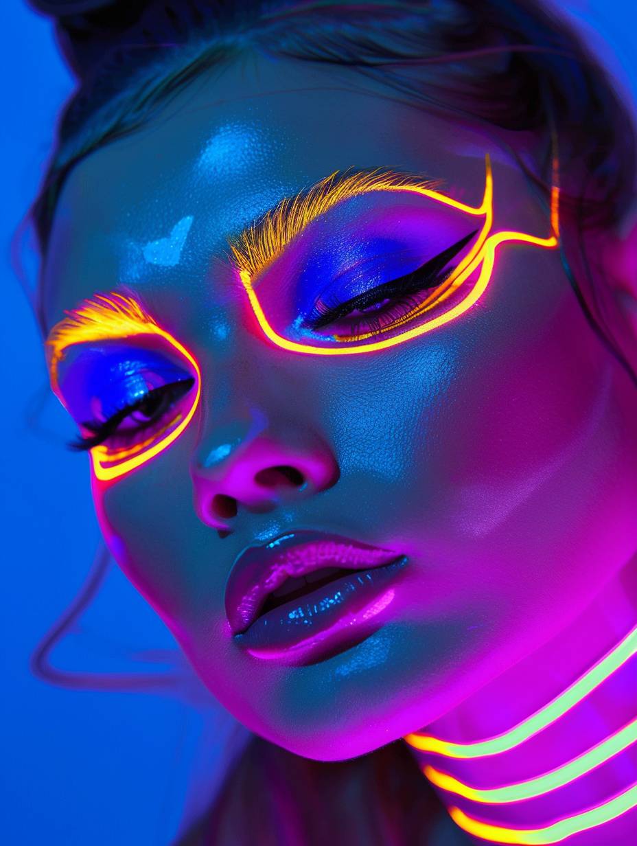 ネオンアイライナーや発光する蛍光メイクを施した、若々しい見事な女性が、目や口、顔にK Parlourの芸術性を披露している。黒光りする中で輝いている。
