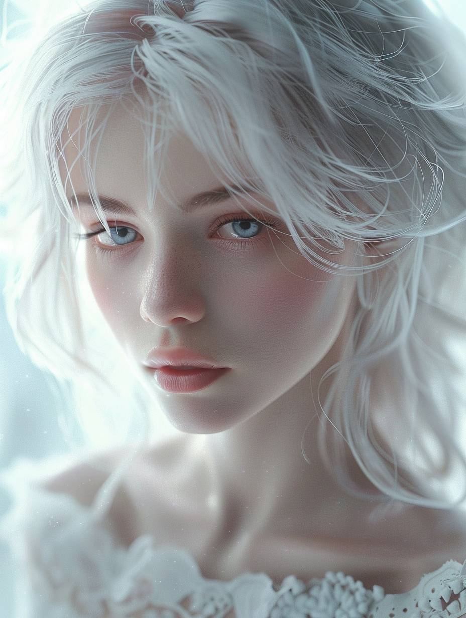 A girl with silver hair, light pink eyes and babylike skin wearing a white dress, with a delicate face and pale color tone. She has beautiful makeup in a dreamy scene with natural lighting and a soft focus closeup, captured through ultrarealistic portrait photography in the style of fantasy art at a high resolution.