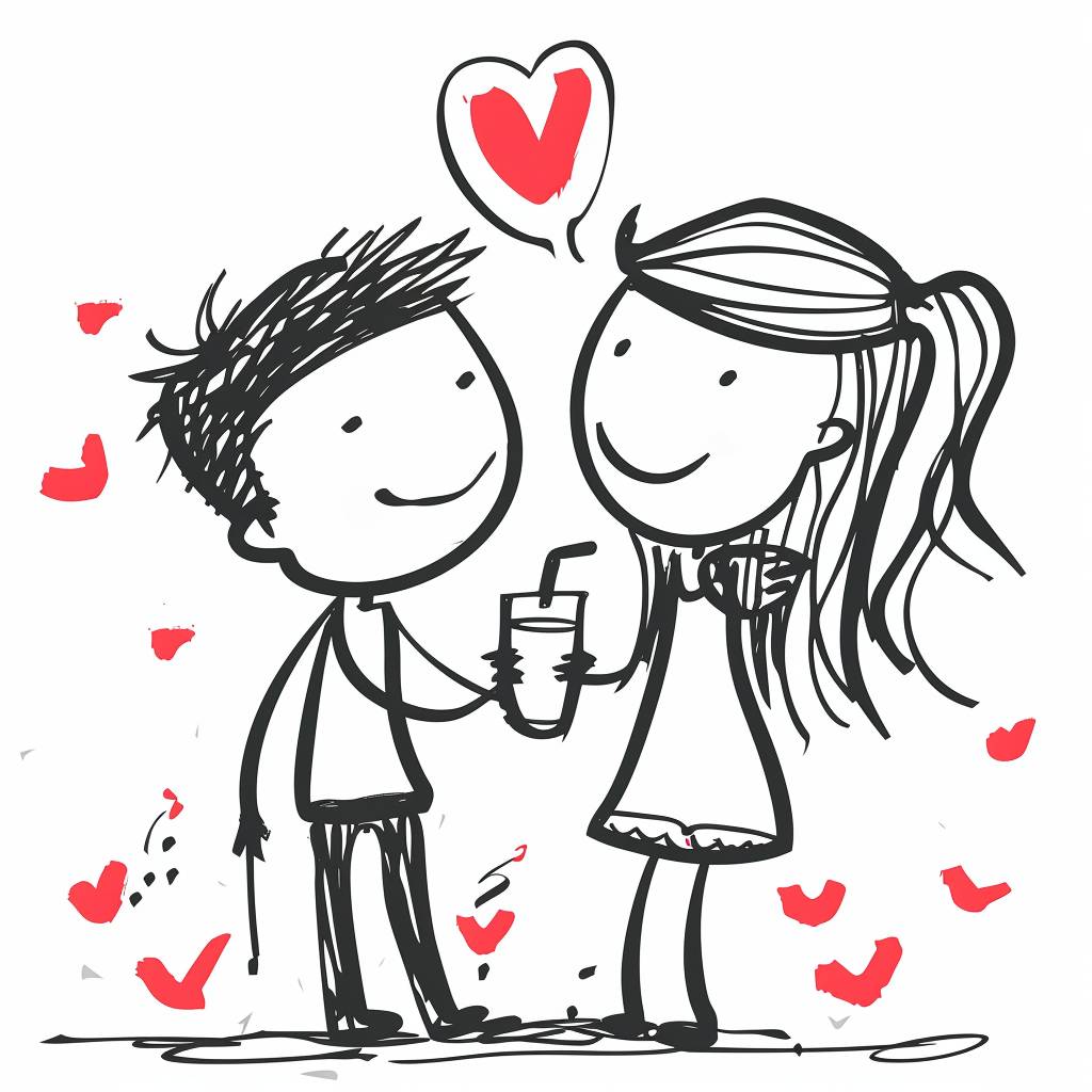 Hand-drawn cartoon-style 2D stick figure of a loving couple sharing a drink, with hearts, very detailed, high quality