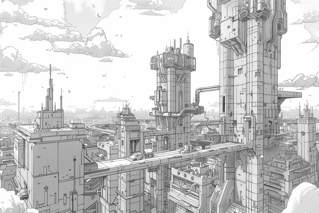 In style of Mœbius, city landscape