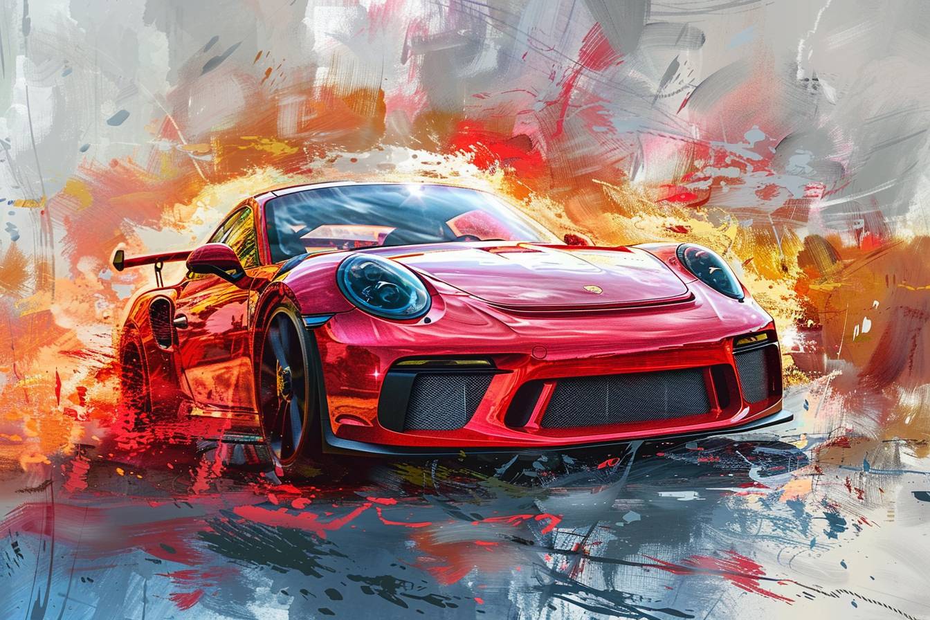 Porsche GT3 in Impressionist style, featuring crimson and gold light effects