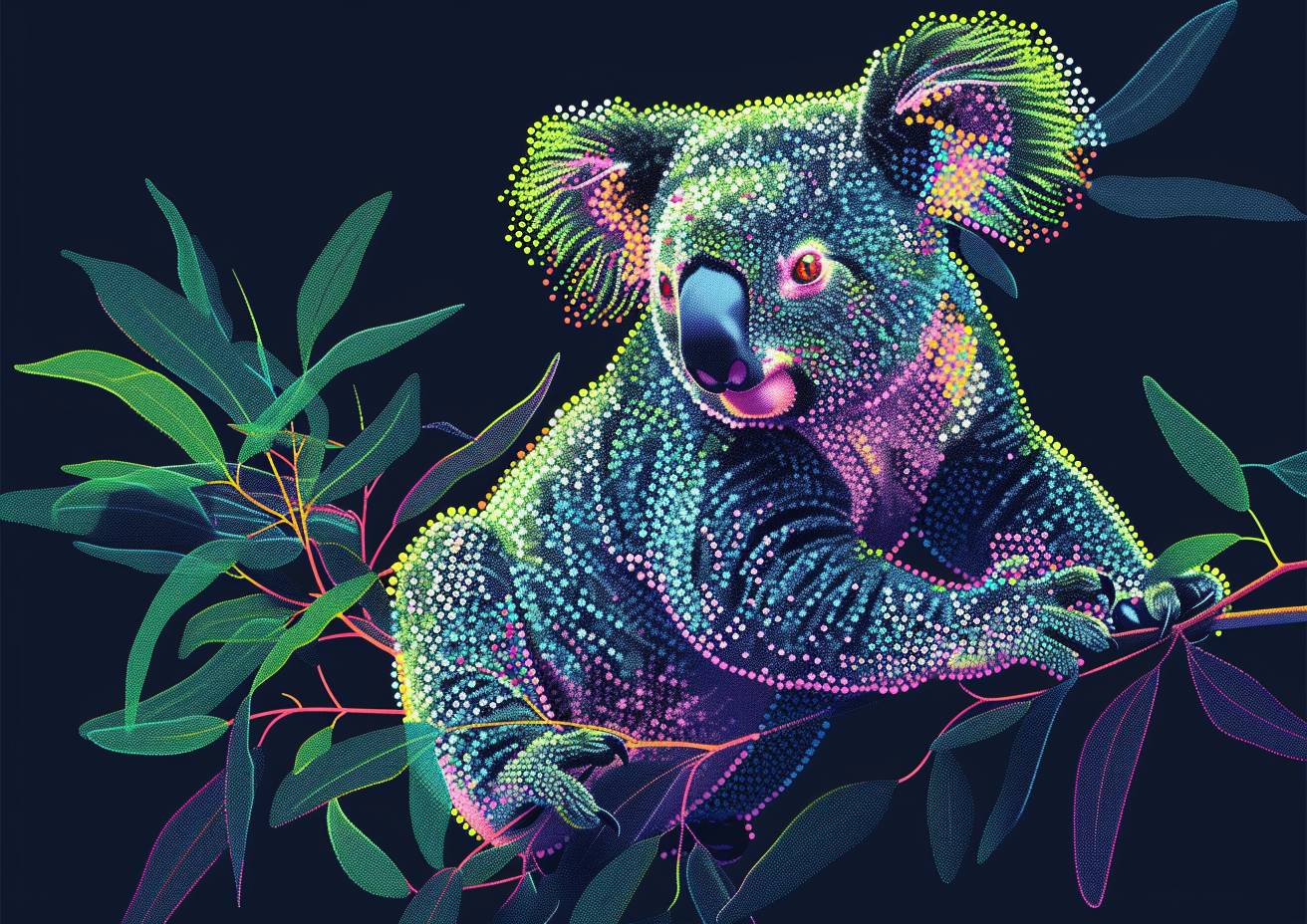 A vector illustration on a blank canvas, using green, pink, orange, and blue phosphor dots of varying sizes, forming a koala bear in a gum tree, eucalyptus leaves, negative space