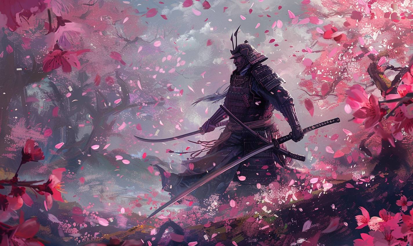 In the style of Krenz Cushart, a samurai warrior in a cherry blossom garden --ar 5:3  --v 6.0