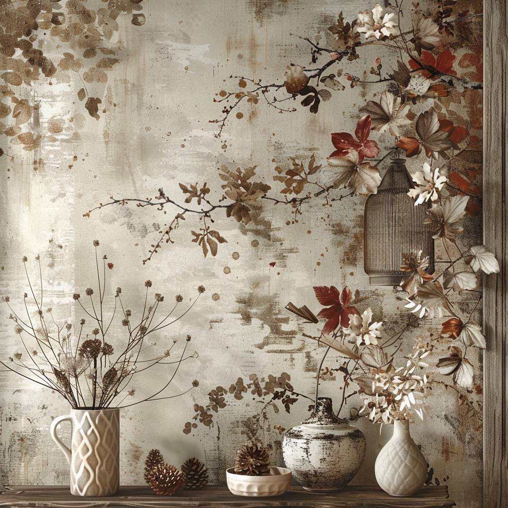 Warm and rustic ambiance, autumnal tones, natural and floral motifs, fine details, palette of earthy browns and soft beiges.