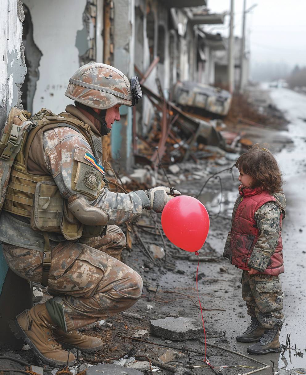 A British soldier on his knee gifting a red balloon to a small girl, in the background there is a destroyed city in Ukraine. A Ukrainian flag hangs in tatters of the side of a building. A warzone including an abandoned tank