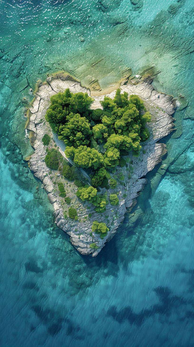 A beautiful heart-shaped island viewed from an aerial perspective can evoke a sense of wonder and romance: Galesnjak Island, located near Zadar, Croatia. This uninhabited island has a remarkably perfect heart shape.