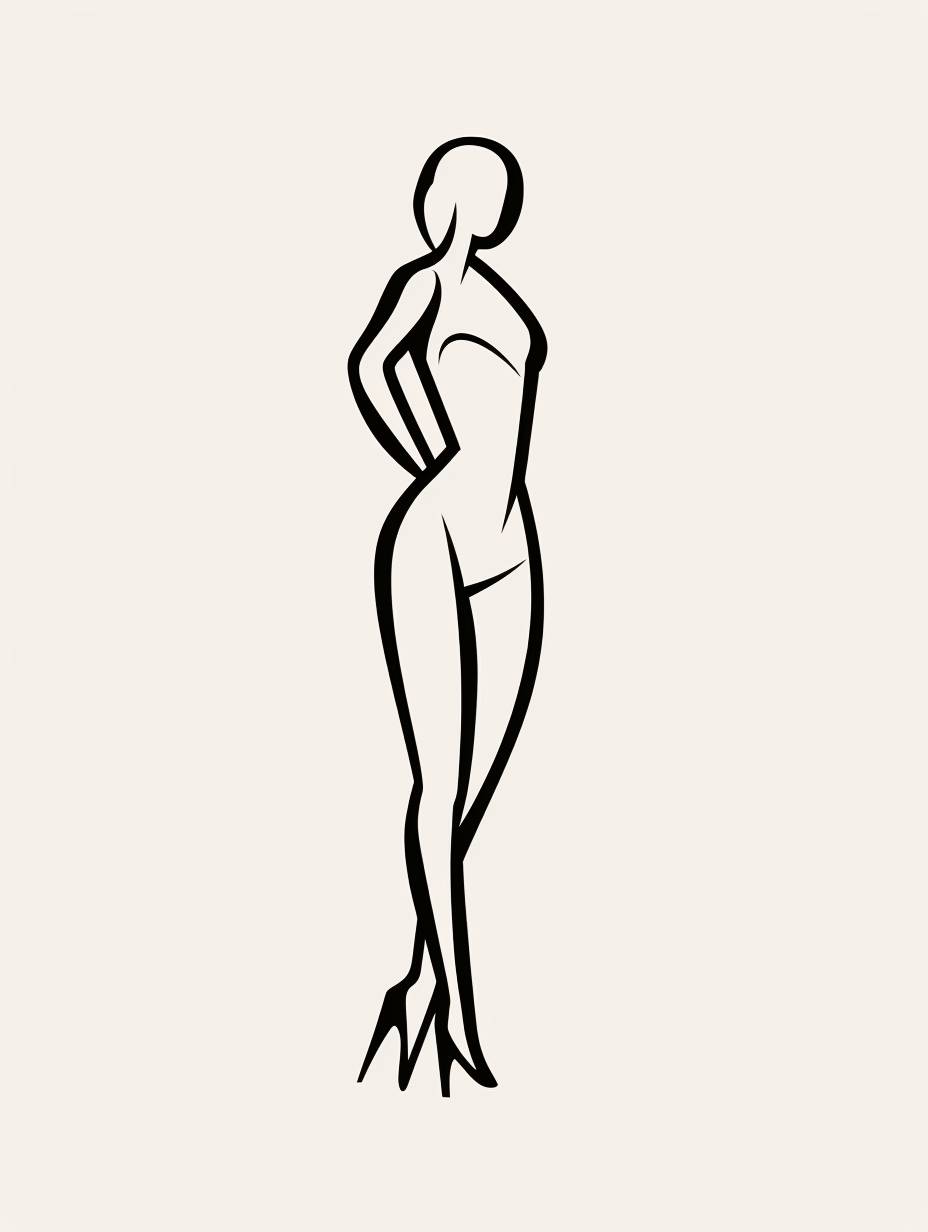 Please draw a black stick drawing depicting the full body outline of a sleek looking woman to be used as an icon for a logo.