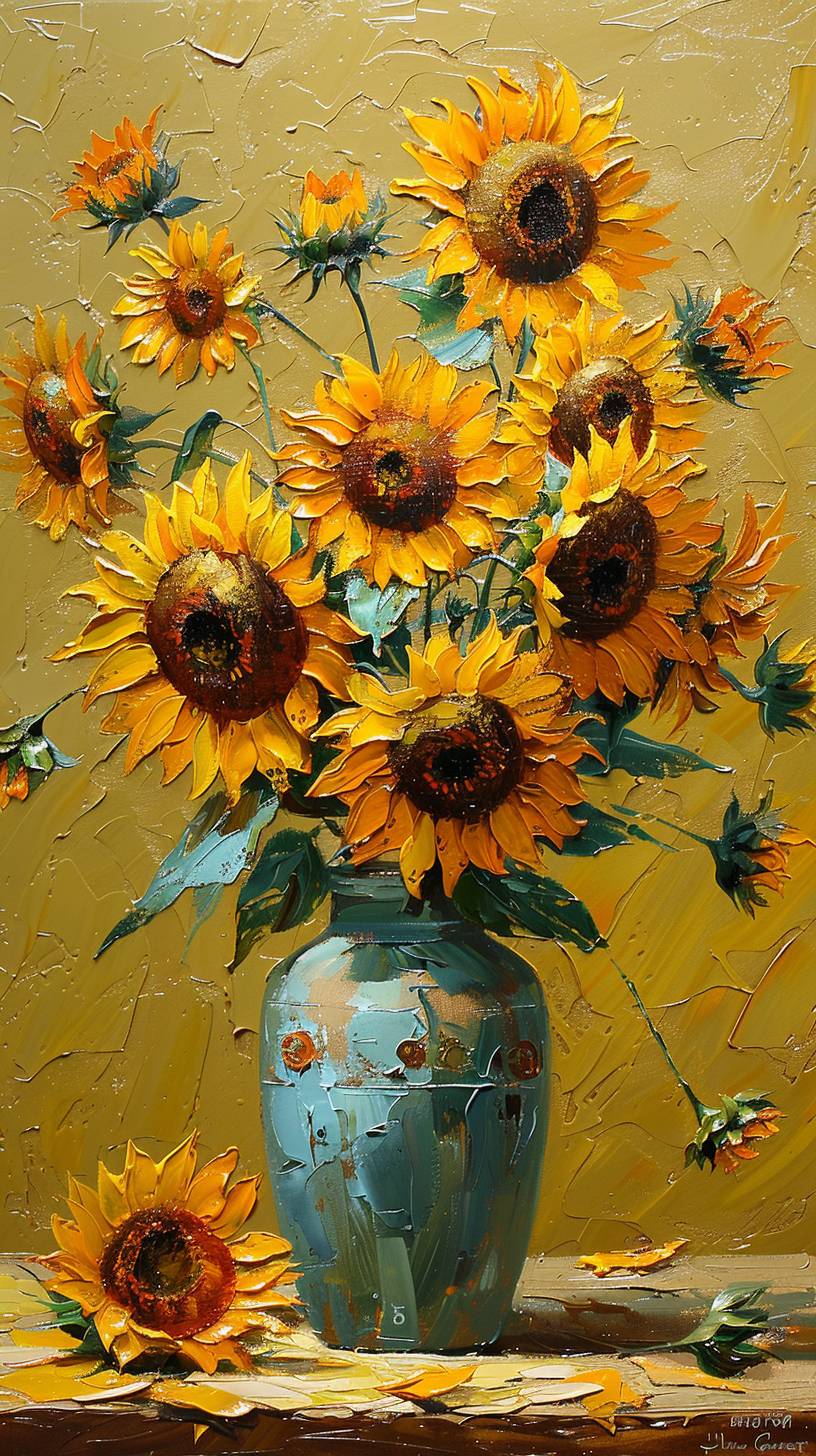 A beautiful painting of sunflowers in the style of Vincent van Gogh, with a yellow background and a vase full of sunflower heads. The petals have shades from dark red, yellowish brown, to light orange, while their centers show signs of opening or closing. An intensive oil brush painting, featuring a few sunflowers, a plain vessel, a clean yellow tablecloth, budding and blooming, typical yellow or dark brown or whitish yellow petals, green and brown stalks, strong noon light, a slightly blurred blue background, in the style of Monet, and high definition. There is no signature.