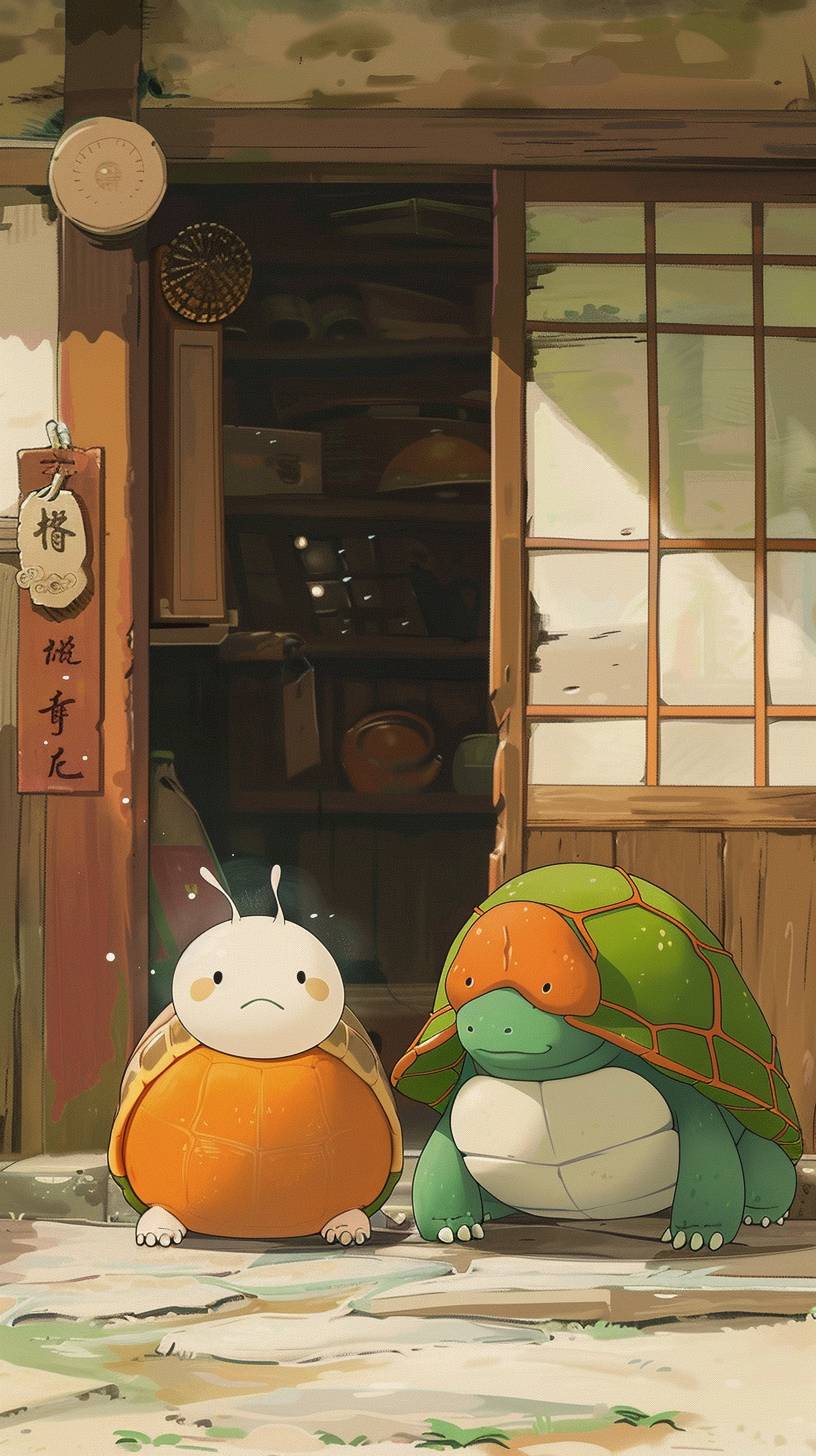 A cartoon picture of an orange turtle with a green shell with a pained expression, sitting on the floor next to it is a white snail that has brown shells. Both of them have the same size. A small door in front of them opens up. In the style of Chinese animation, colorful cartoon characters with a traditional color scheme and using Wu Guanzhong's expressionist techniques. Also using an ink painting style, flat design with simple lines, Chinese punk style, line drawing, and high-definition images.