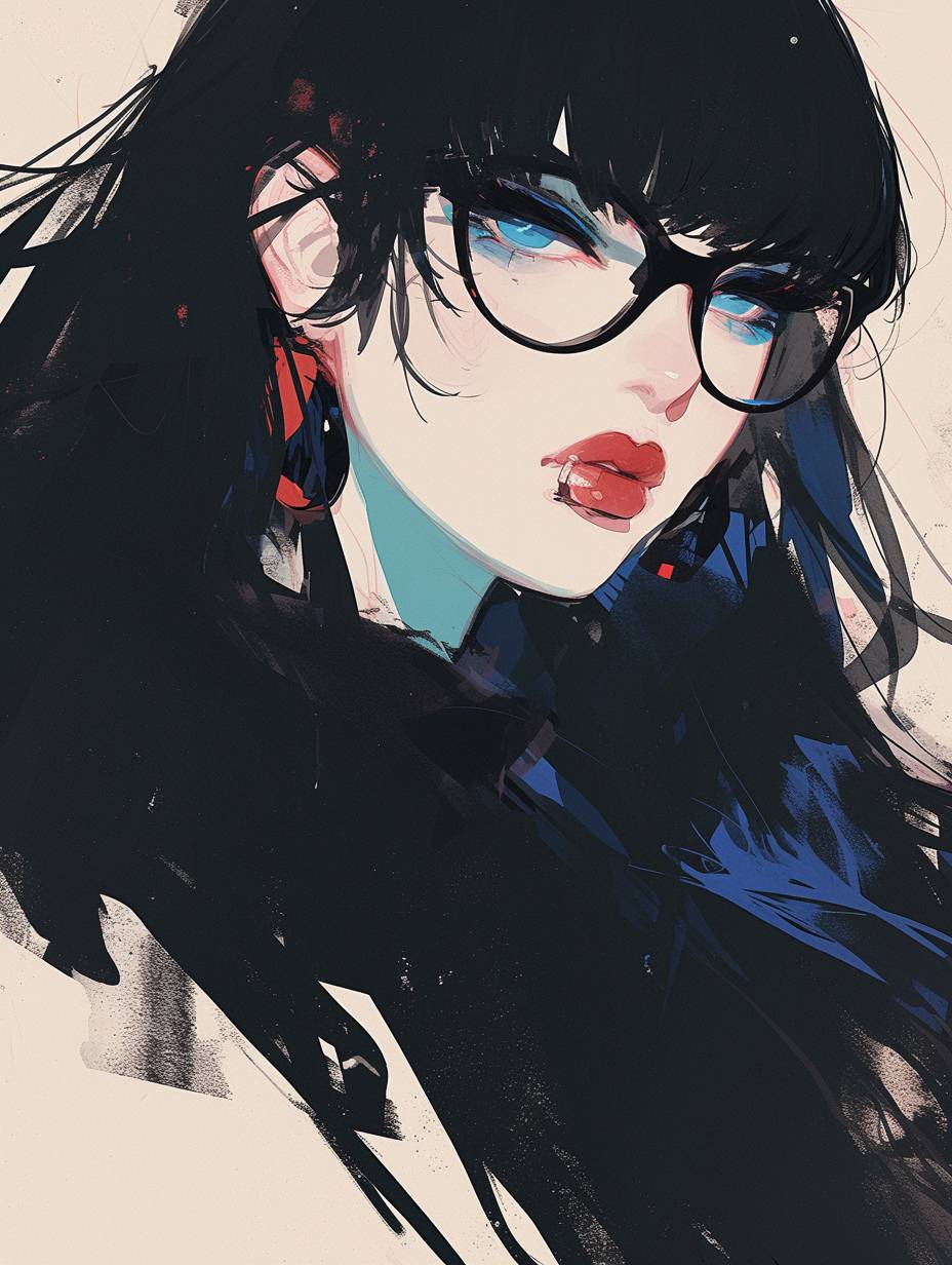 黒い長い髪とバングス、淡い青い目、長いまつ毛、青いアイシャドウと口紅をつけた女性。左耳に赤いイヤリングをしており、黒いメガネをかけている。