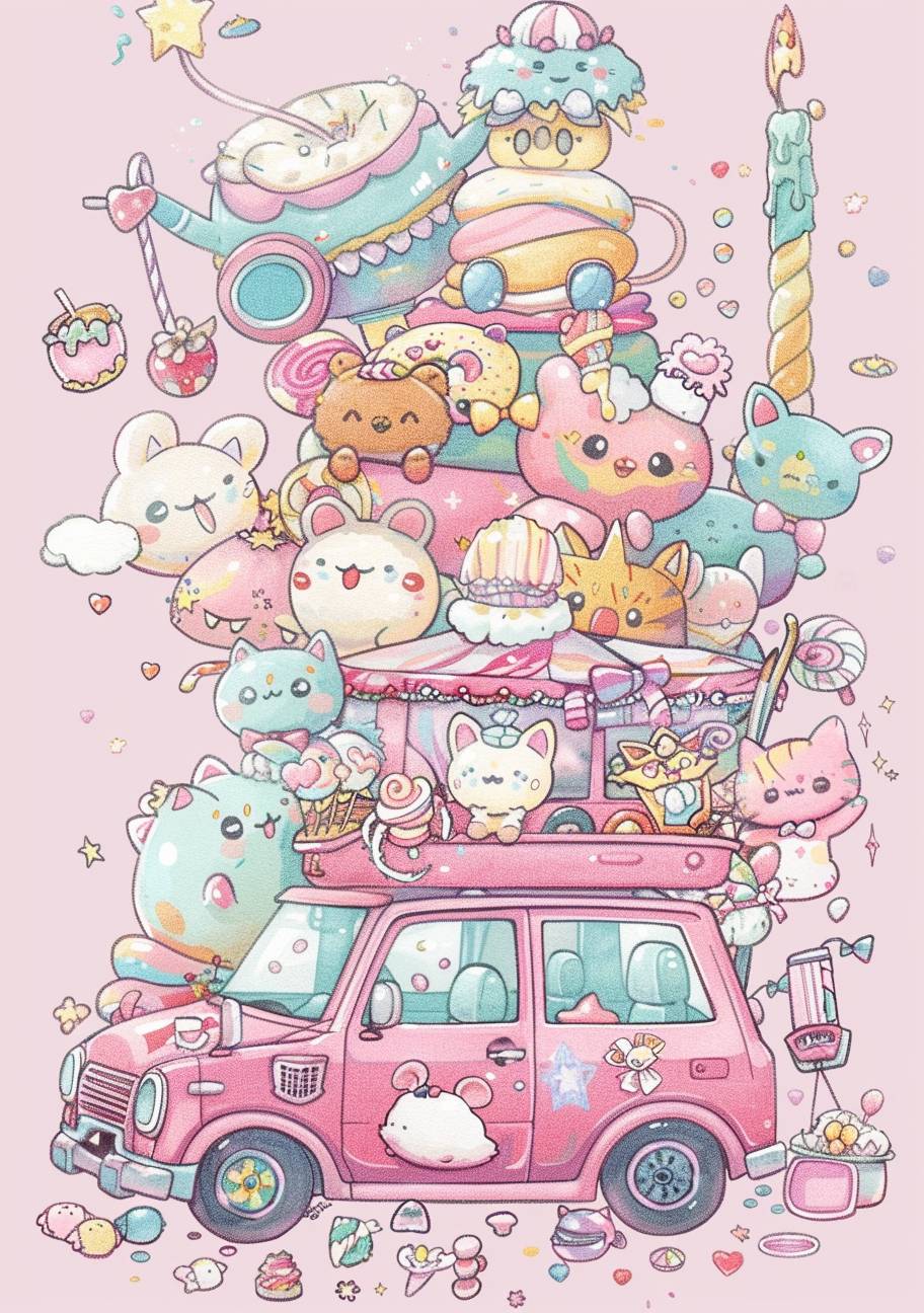 Cute pastel colored drawing of characters in the kawaiicore style on the top and bottom, in the middle there is an illustration with a candy theme containing many details and objects, the light pink colored background has a car full of plushies behind it, the cutest you have ever seen, cartoon character, vector art, bold outlines, colorful illustrations, clean lines, flat shading, soft colors, watercolor background.