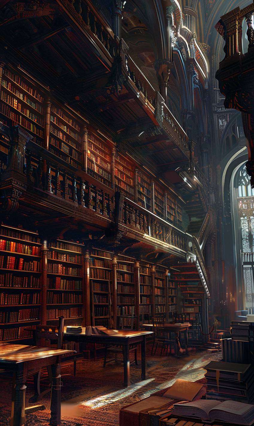 Sparthのスタイルのように、古代の書籍でいっぱいの魔法の図書館