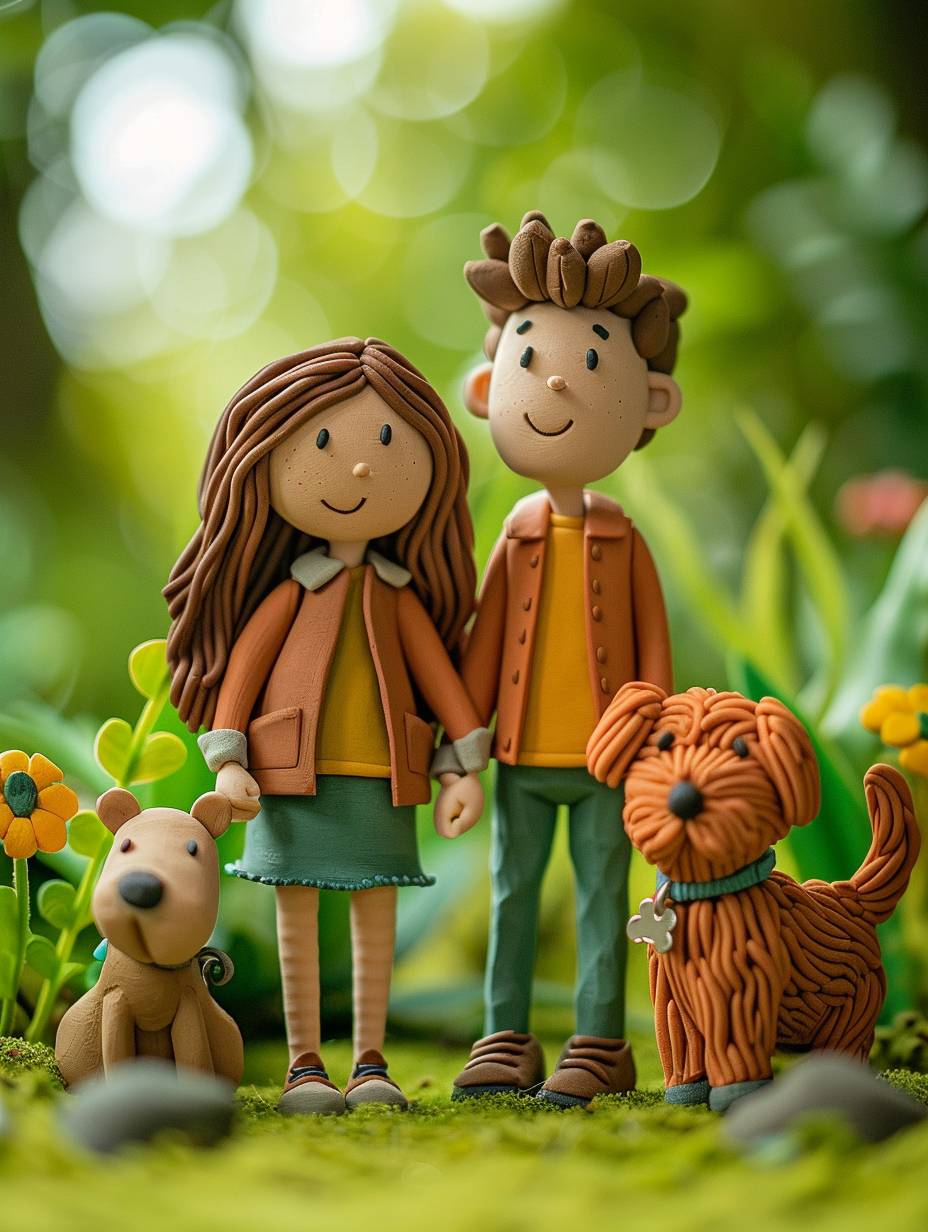 Cute young couple playing with their dog on the grass, casual, season is summer, objects and scenes are made of clay, with clay texture, stop motion style.