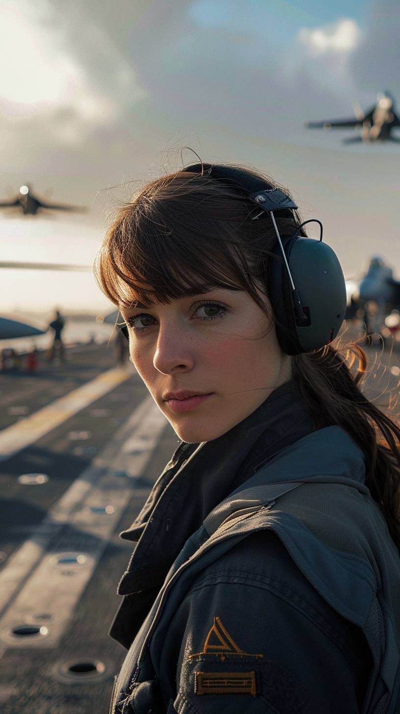 驚くべき映画のプロフィールショットは、24歳の女性フライトデッキクルーメンバーを、褐色の目とチェストナットのカーテンバングスの髪で捉えています。彼女は防音ヘッドホンをして海軍の航空母艦に乗り込む様子が写っています。背景にはデッキから飛び立つ航空機が映っており、アクションと興奮の感覚を演出しています。このシーンは美しく構成され、自然光を巧みに使用して鮮明なディテールとダイナミックな要素を際立たせています。ボリューメトリックライトは見事な環境を作り出し、ショットのクリスプで大画面のクオリティを強調しています。自信に満ちた表情でカメラを見つめる女性は、キャリアーと空の息をのむような背景に映えています。このショットは、キヤノンEOS C70とキヤノン300mm F/2.8レンズで撮影され、視覚的に魅力的で引き込まれる彼女の役割の本質を捉えています。