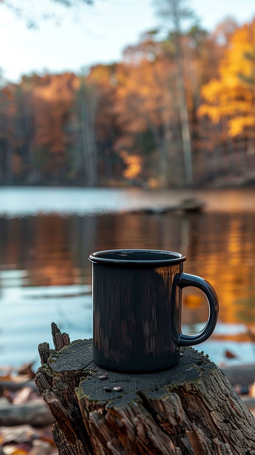 Coffee mug on a cut tree, early in the morning, trees in the background, water reflection