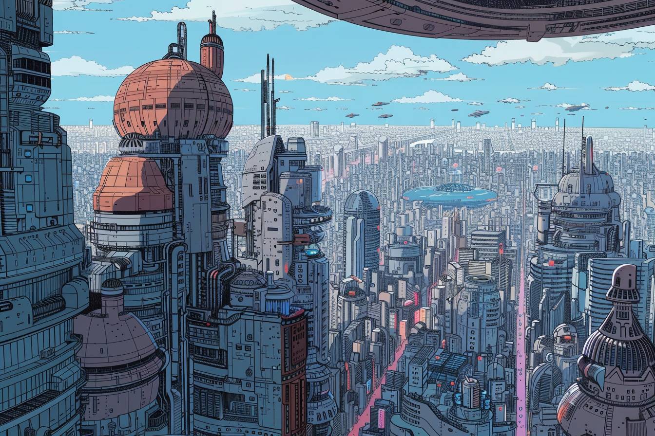 In style of Mœbius, city landscape