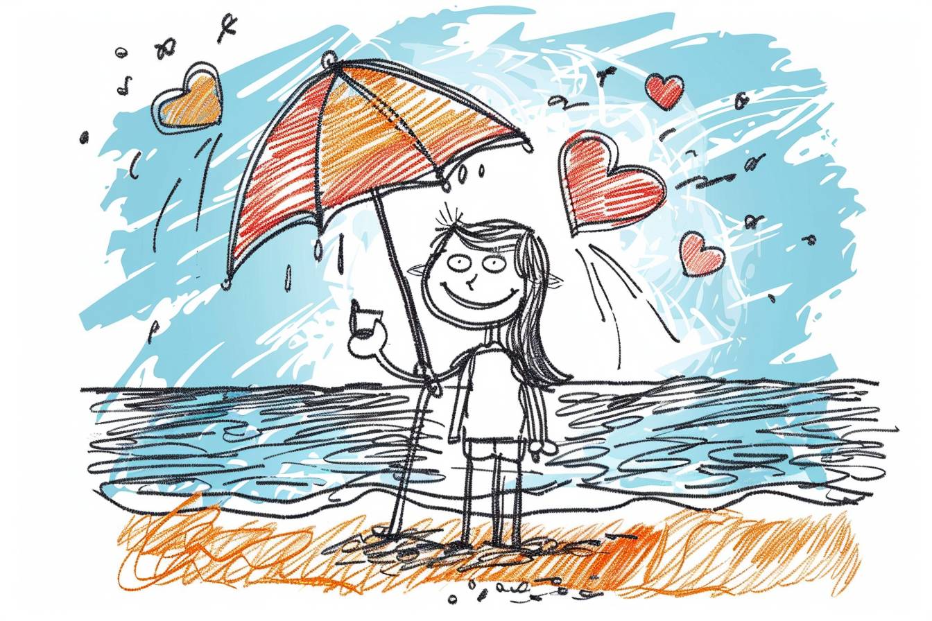 Hand drawing cartoon style 2D stick figure of a loving couple on a beach, hearts, very detailed, high quality