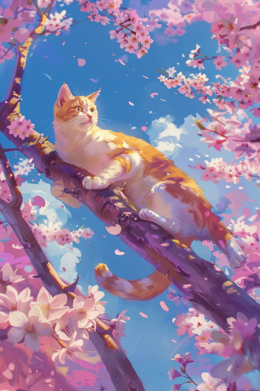 A yellow and white cat is standing on the branch of a cherry blossom tree, surrounded by blooming pink flowers. The sky above them reflects a bright blue hue, creating a dreamy atmosphere. This painting evokes a sense of tranquility and beauty in the style of Anime.