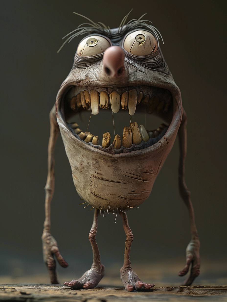 Character design for a humorous horror movie, creepy face and big teeth, 3D render in the style of Octane Render, ZBrush character design, crazy feet, shot against a dark background