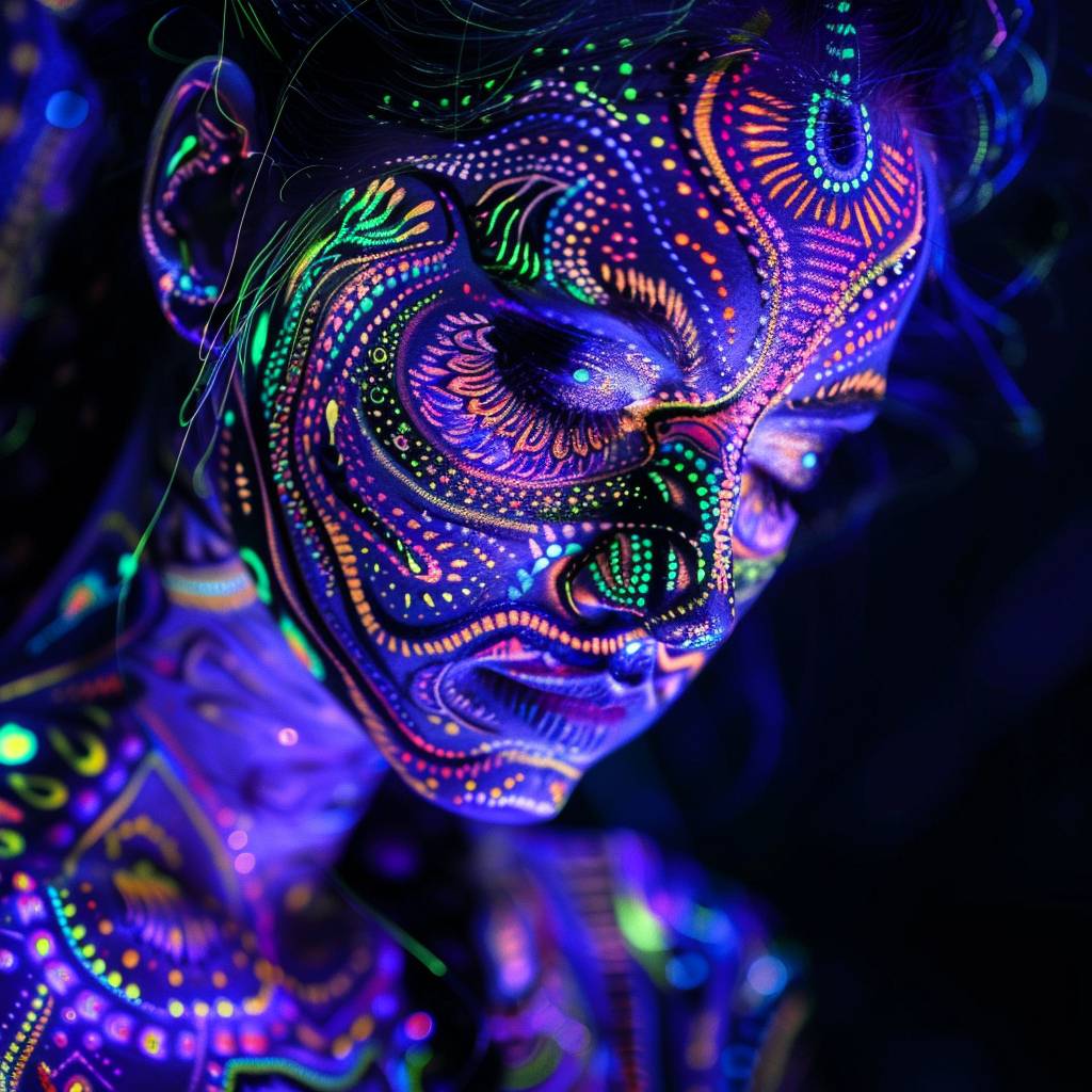 A stunning close-up photo of a woman artfully adorned with blacklight paint. Her face and body are covered in vibrant, intricate fluorescent patterns that glow brilliantly under the UV light. Her hair is cascading down her back, and her eyes are enveloped in a mesmerizing swirl of colors. The background is dark, allowing the neon patterns to truly shine, creating an otherworldly and captivating effect.