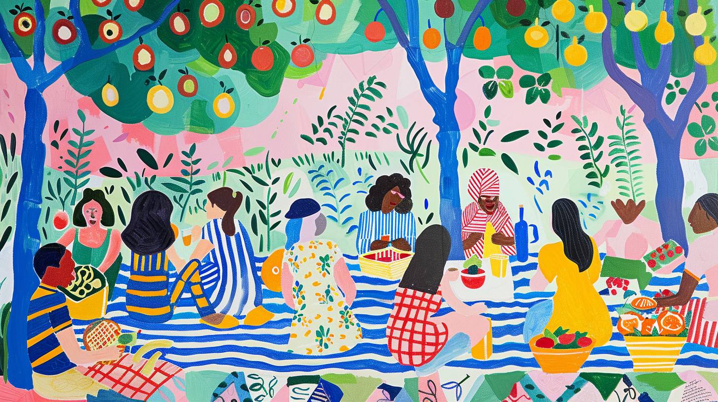 A whimsical and joyful depiction of a summer picnic in a park, using the vibrant colors and playful compositions of Matisse and Hockney. The scene should include picnic blankets, baskets of fruit, and groups of friends laughing and enjoying the sunny day.