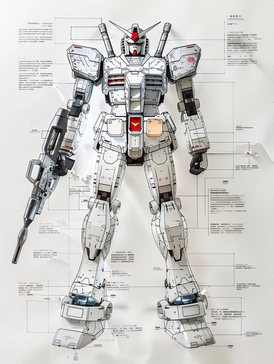 A design line drawing of a Mobile Suit Gundam from any generation, presented as a detailed schematic. The drawing uses precise black and white lines to outline the Gundam with meticulous annotations and size specifications clearly marked. The main body of the Gundam is rendered in a colored 3D effect, highlighting the intricate details of its armor, joints, and weaponry. The overall style is that of a technical drawing, set against a clean white background to ensure clarity of all details. The scene is photographed using a DSLR camera with a macro lens in the afternoon, capturing the fine details and the contrast between the line work and the colored 3D elements. The film used is Fujifilm Pro 400H, known for its excellent color accuracy and fine grain, enhancing the visual impact of the design.