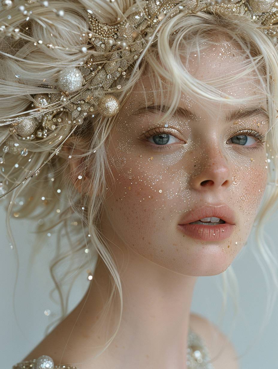Fashion photography of a blonde woman wearing an outfit made out of planets, wearing a big silver and gold hood with crystals on the ends that look like stars. The headpiece features planets in a sparkly, glittery style.