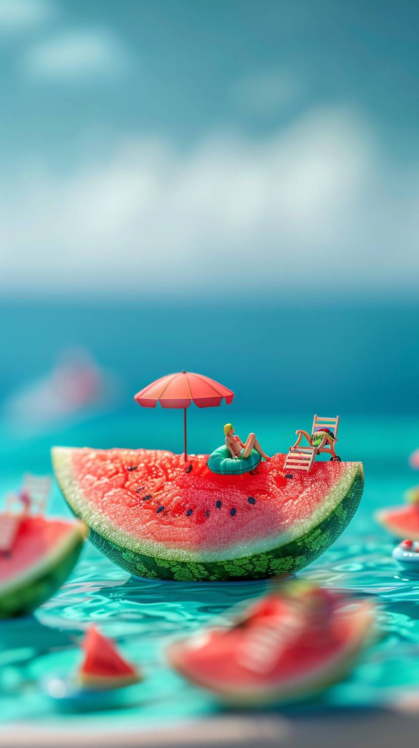 Watermelon floating in the air, cartoon-style miniature world, high resolution and high detail, super-fine photography with bright background colors, cute, dreamy, summer-filled mobile wallpaper. Watermelon slice pool with chairs and parasols, small figures relaxing against the background of the blue ocean.