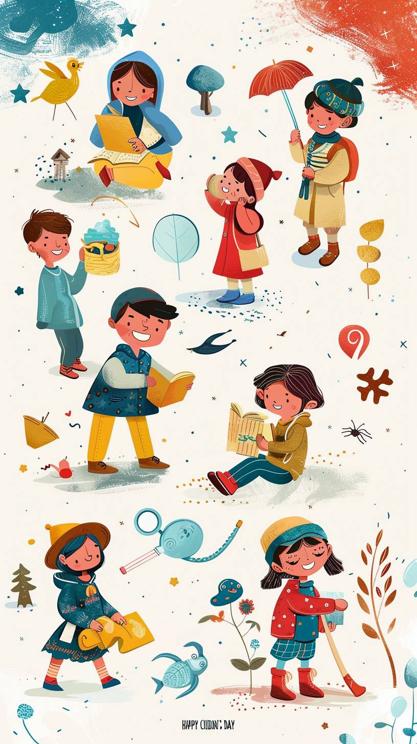 "HAPPY CHILDREN'S DAY", kids playing different occupations, flat illustration