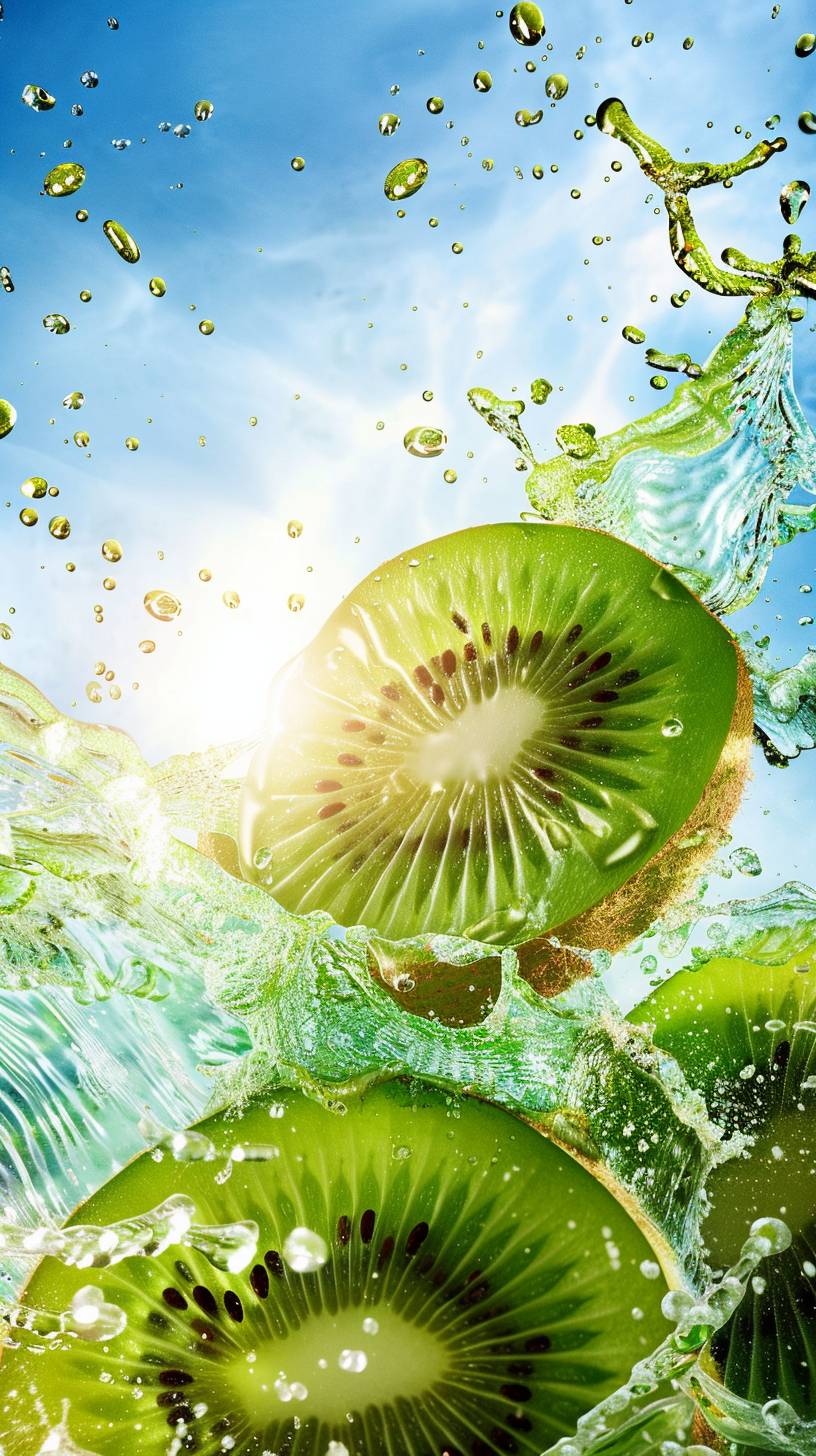 Kiwi fruit juice waterfall splash, liquid explosion, 2-3 delicate kiwi slices, super wide angle, bright blue sky background, surreal style, fresh fruit color, focus on kiwi fruit, realistic, ultra-fine detail, depth of field, high resolution, captured by Canon --chaos 10 --aspect ratio 9:16 --style raw --v 6.0