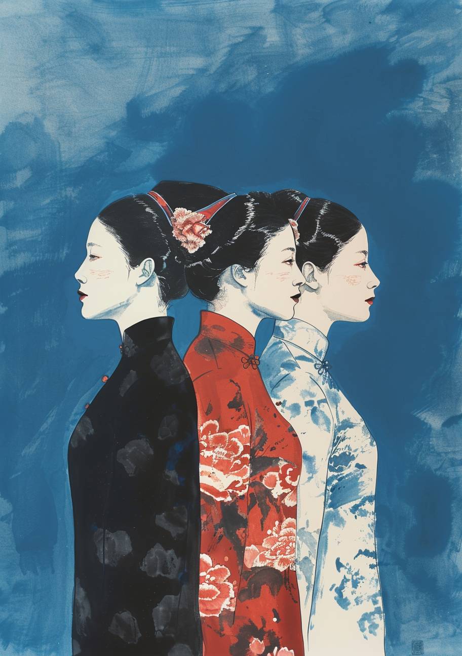 中国の作家の手描きインク肖像画です。異なる時代の3人の中国女性がそれぞれ異なる服装を着て並んで立っています。一人は古代の中国女性で古代の伝統衣装を着用し、一人は1920年代を代表する女性でチャイナドレスを着用し、もう一人は2020年代の現代的な黒いスーツを着用しています。背景はエレガントなスカイブルーで、吳冠中や張大千のようなスタイルで、クリーンな線が特徴で、高解像度で、白い紙の背景にインク画が施されており、中国の伝統的な芸術スタイルです。